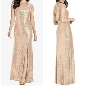 DESSY COLLECTION Rose Gold Sequin Cowl Back Cap Sleeve Gown with Slit 3043 Sz 2